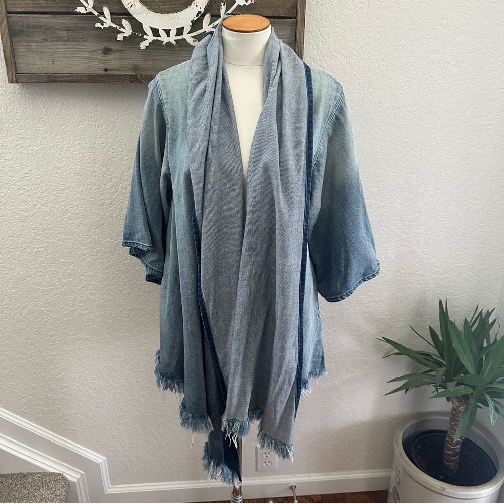 NSF Yuko Blue chambray Denim Frayed Open front Kimono Cardigan Coverup Large